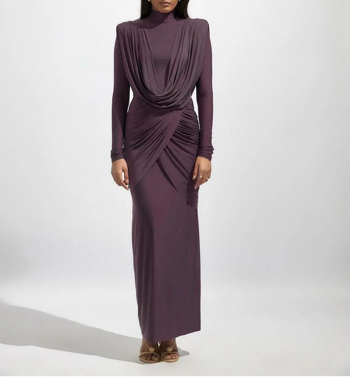 Draped high-neck gown with gathered detailing – AMARA