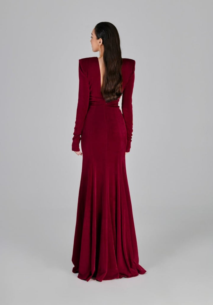 sculpted velvet gown with rosette detail – RUBINA