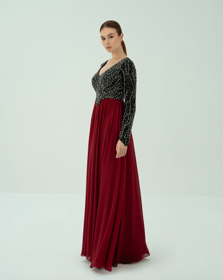 Long sleeve beaded dress with V neckline - GISELLE