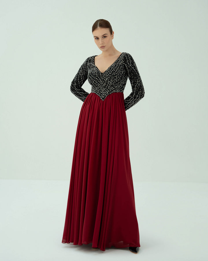 Long sleeve beaded dress with V neckline - GISELLE