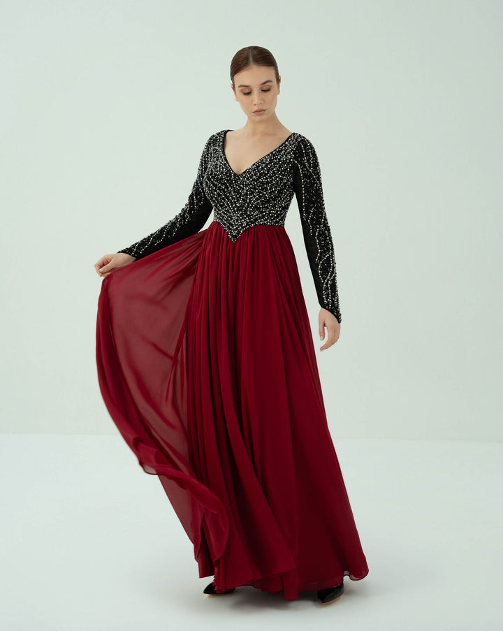 Long sleeve beaded dress with V neckline - GISELLE