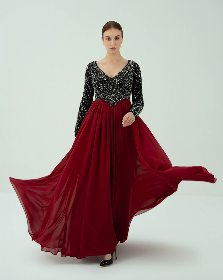 Long sleeve beaded dress with V neckline - GISELLE