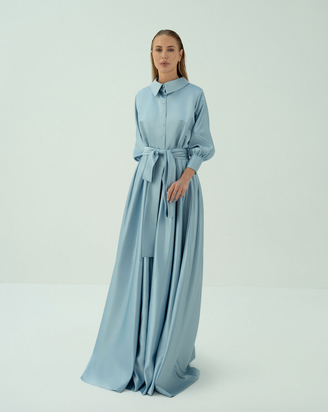 Belted shirt dress with puffed sleeves - VIOLETTA