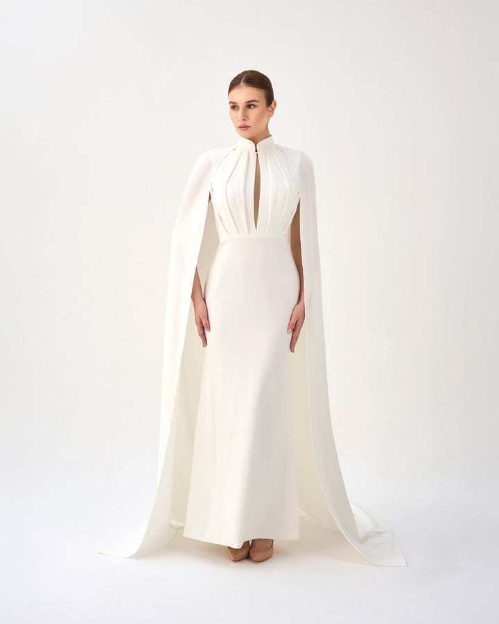 ODD-White pleated dress with neckline and cape