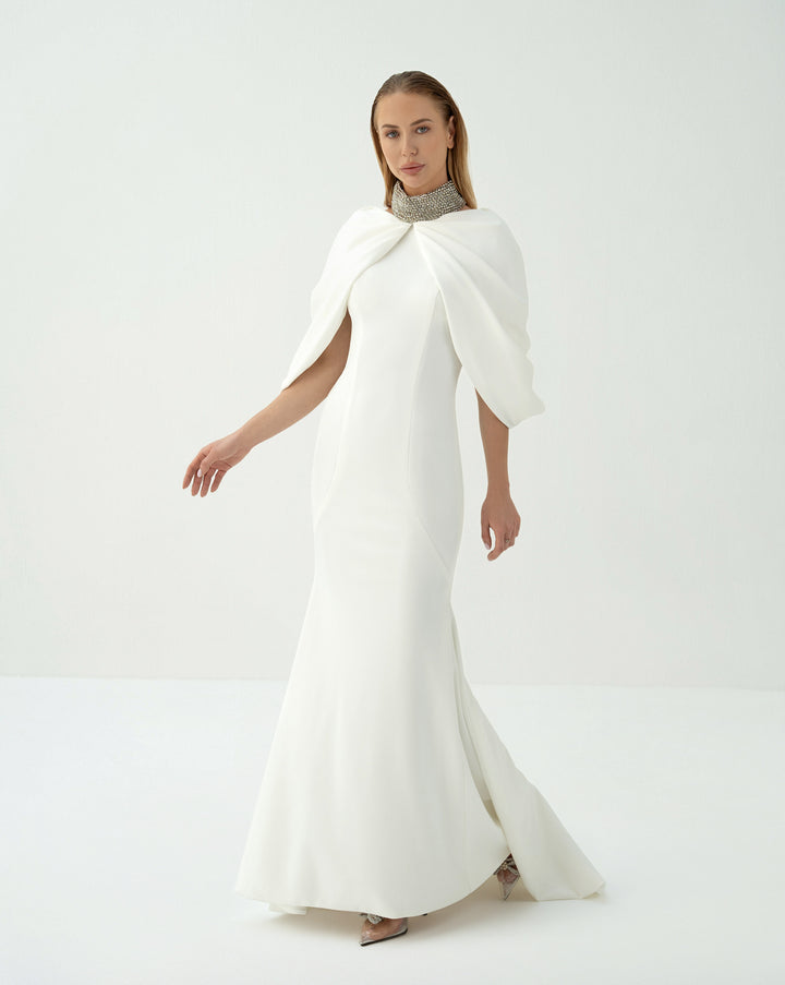 Beaded collar dress with shoulders cape-Selby