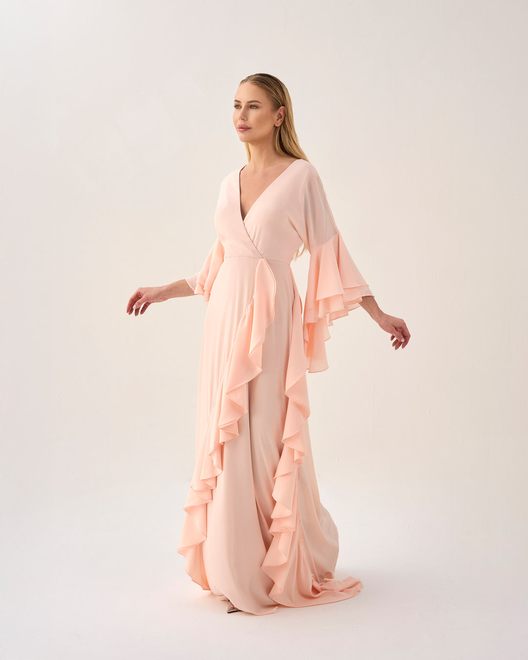 Ruffle column dress with V neckline