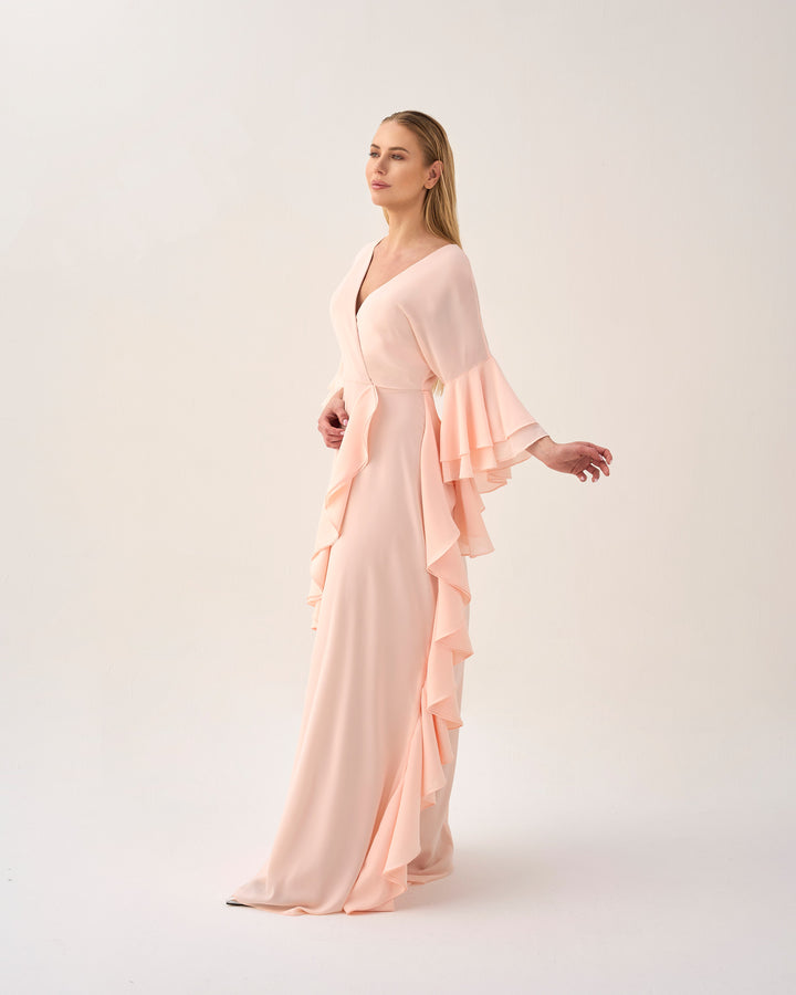 Ruffle column dress with V neckline