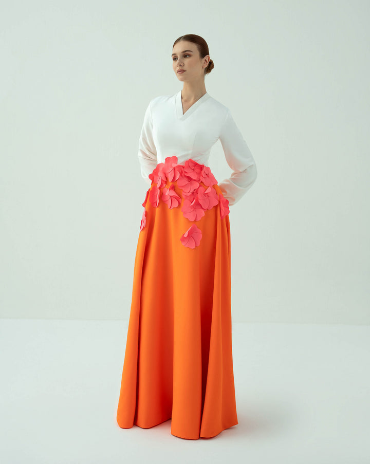 Bicolour dress with flowered waistline - CAMILLE