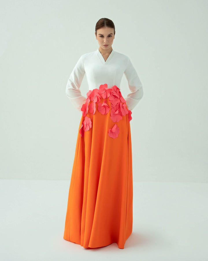 Bicolour dress with flowered waistline - CAMILLE