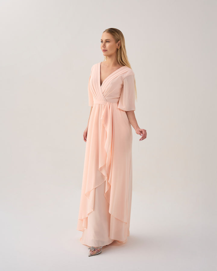 Ruffle column dress with pleated front