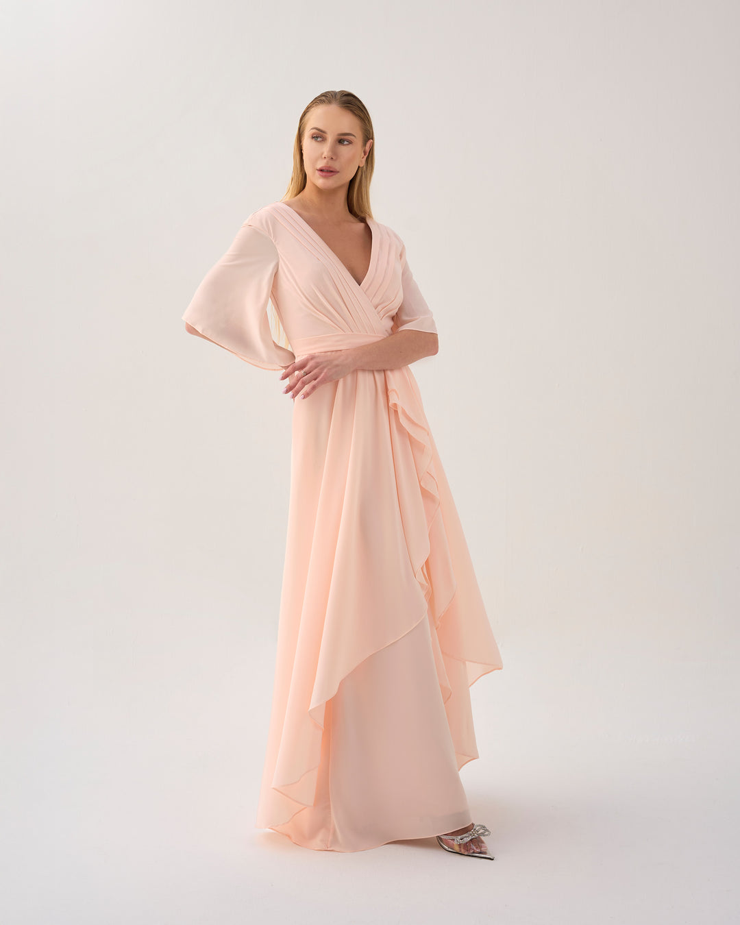 Ruffle column dress with pleated front