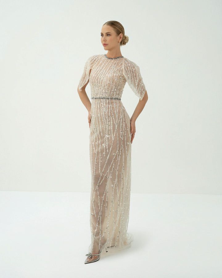 Sequined column dress with ruffled sleeves -  ARIA