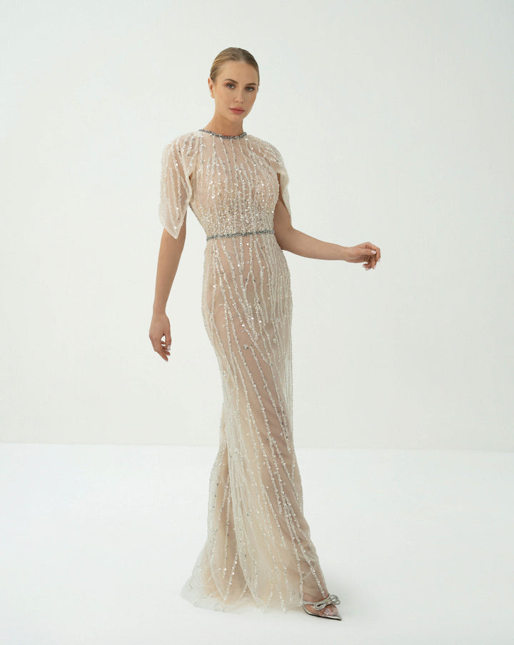 Sequined column dress with ruffled sleeves -  ARIA