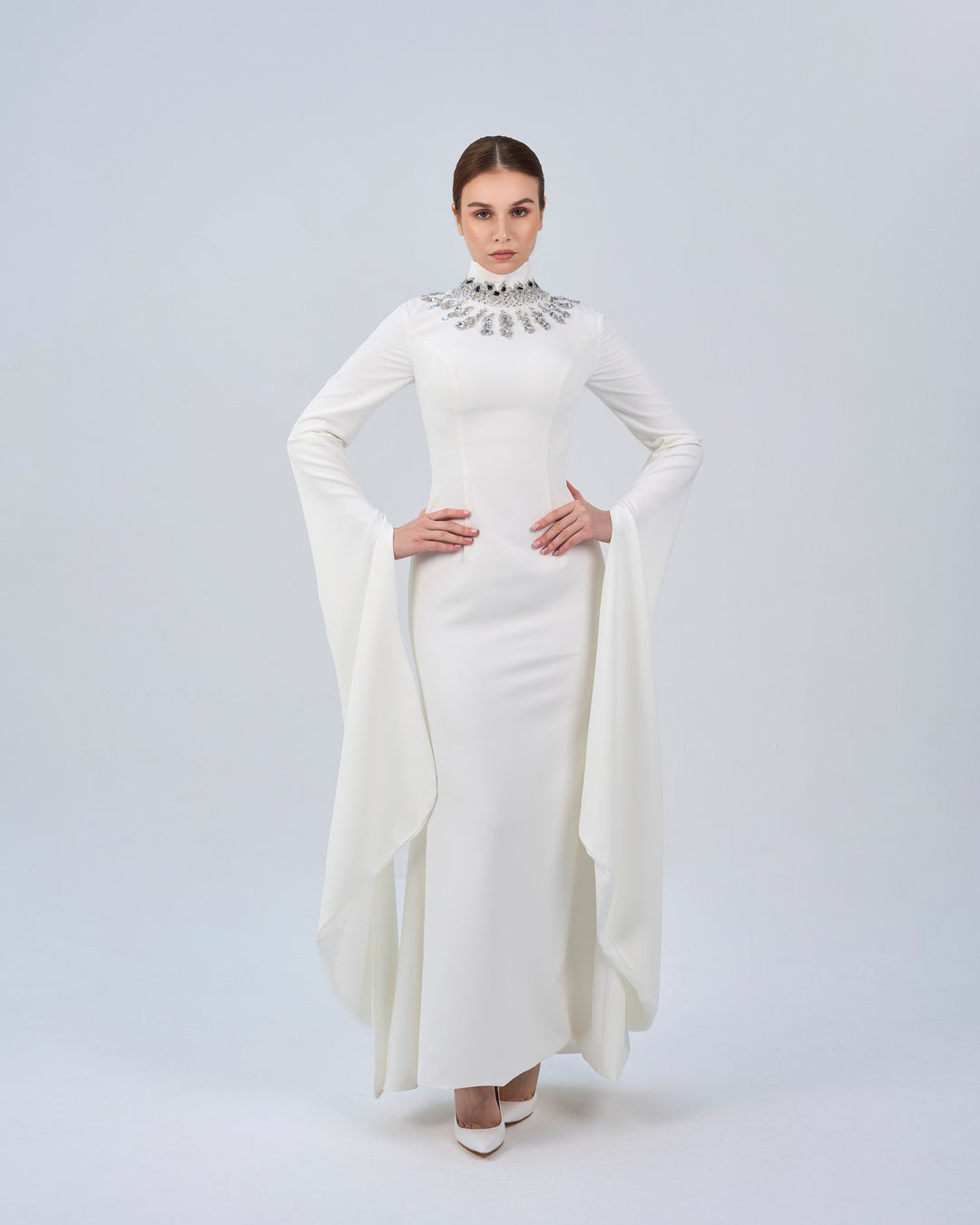Beaded high neck dress with floor length sleeves- ZARA