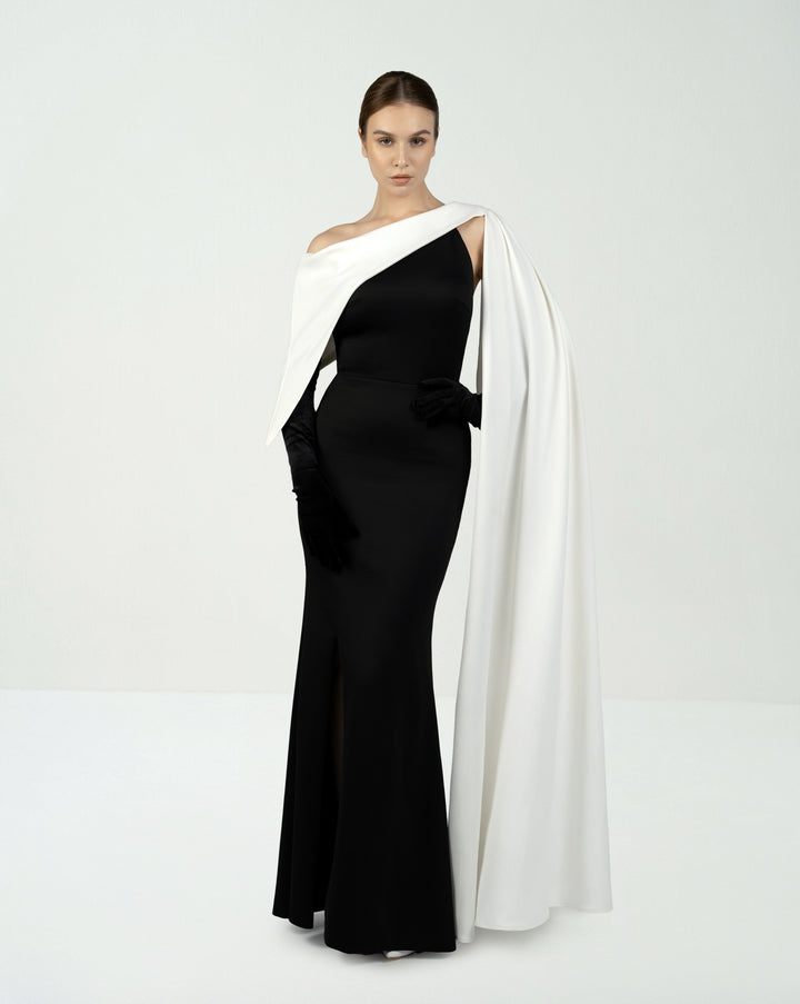 Bicolour column dress with asymmetrical neckline and side cape-Lettice