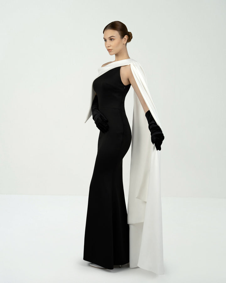 Bicolour column dress with asymmetrical neckline and side cape-Lettice