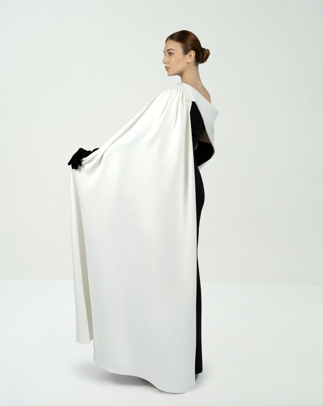 Bicolour column dress with asymmetrical neckline and side cape-Lettice