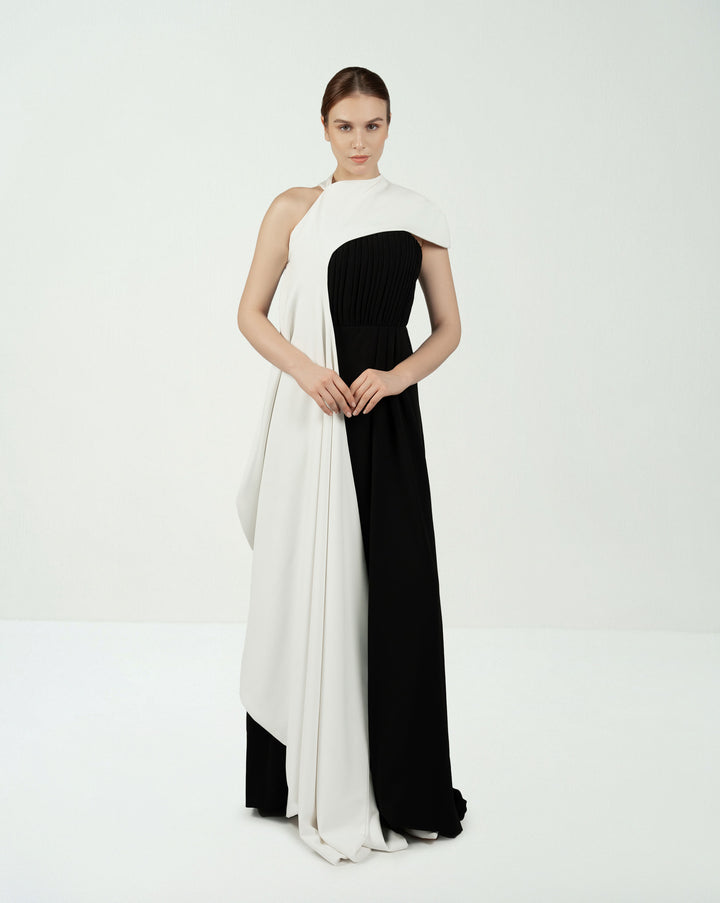 Pleated column dress with asymmetrical cape - VOREN