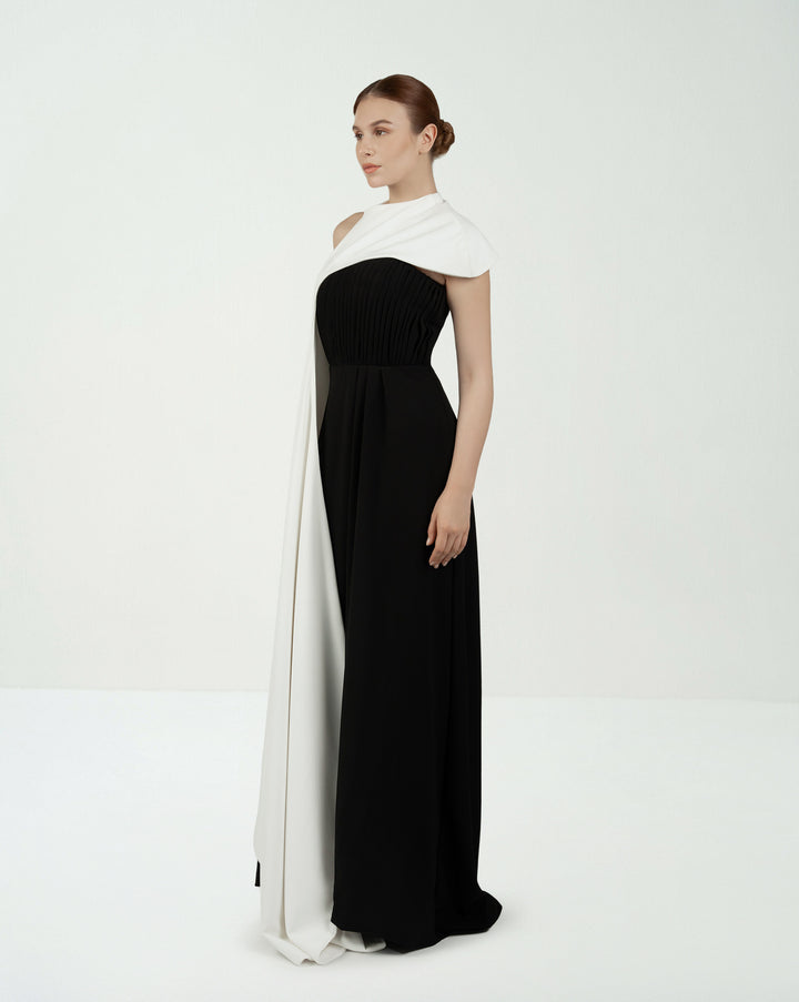 Pleated column dress with asymmetrical cape - VOREN