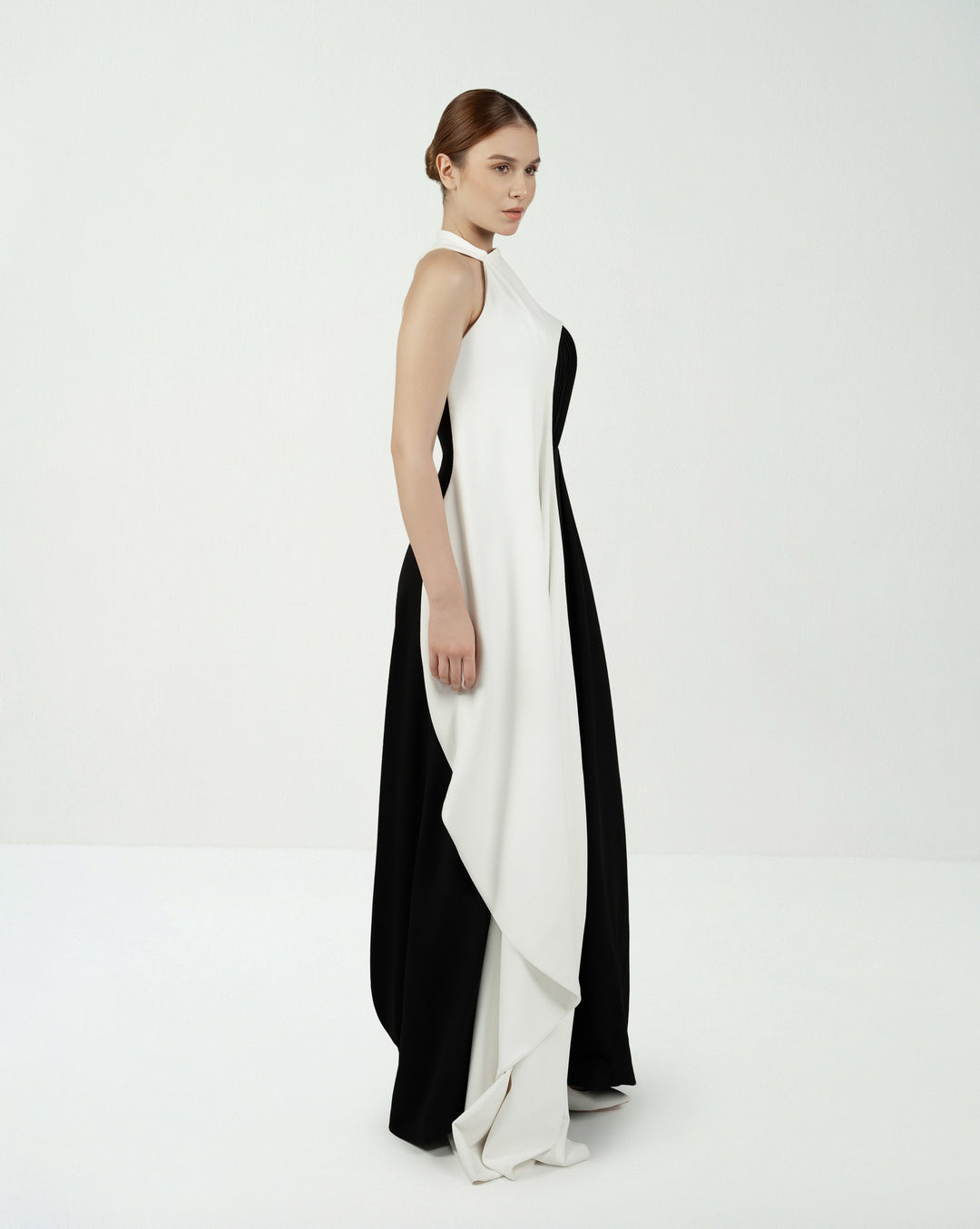 Pleated column dress with asymmetrical cape - VOREN