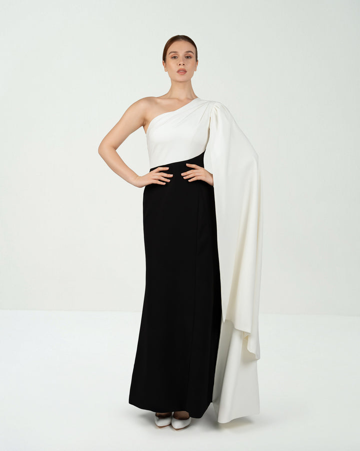 Shoulder off black & white dress with cape sleeve