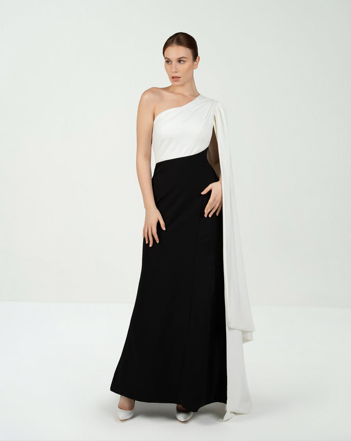 Shoulder off black & white dress with cape sleeve