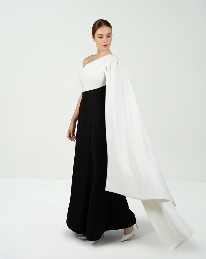 Shoulder off black & white dress with cape sleeve