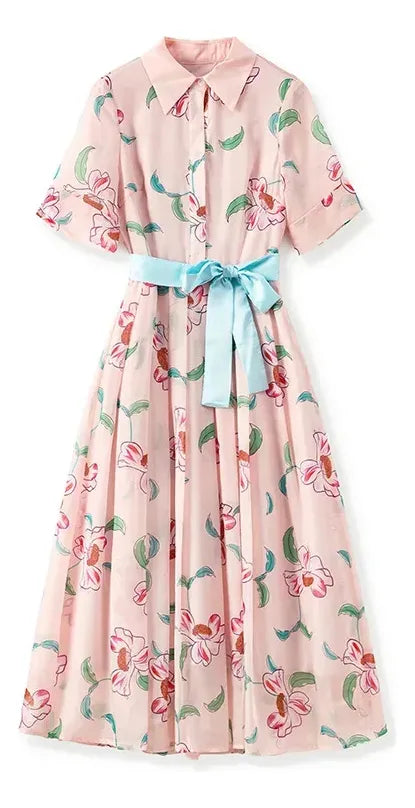 floral shirt maxi dress with contrast waist tie – BLOSSIA