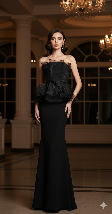 strapless peplum mermaid gown with organza overlay – BELLE