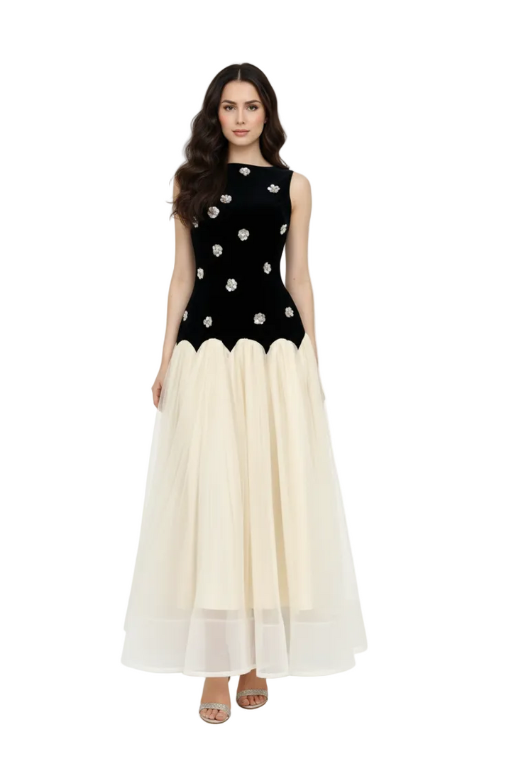 sleeveless bodice dress with embellished velvet top and tulle skirt – NOIRÉE