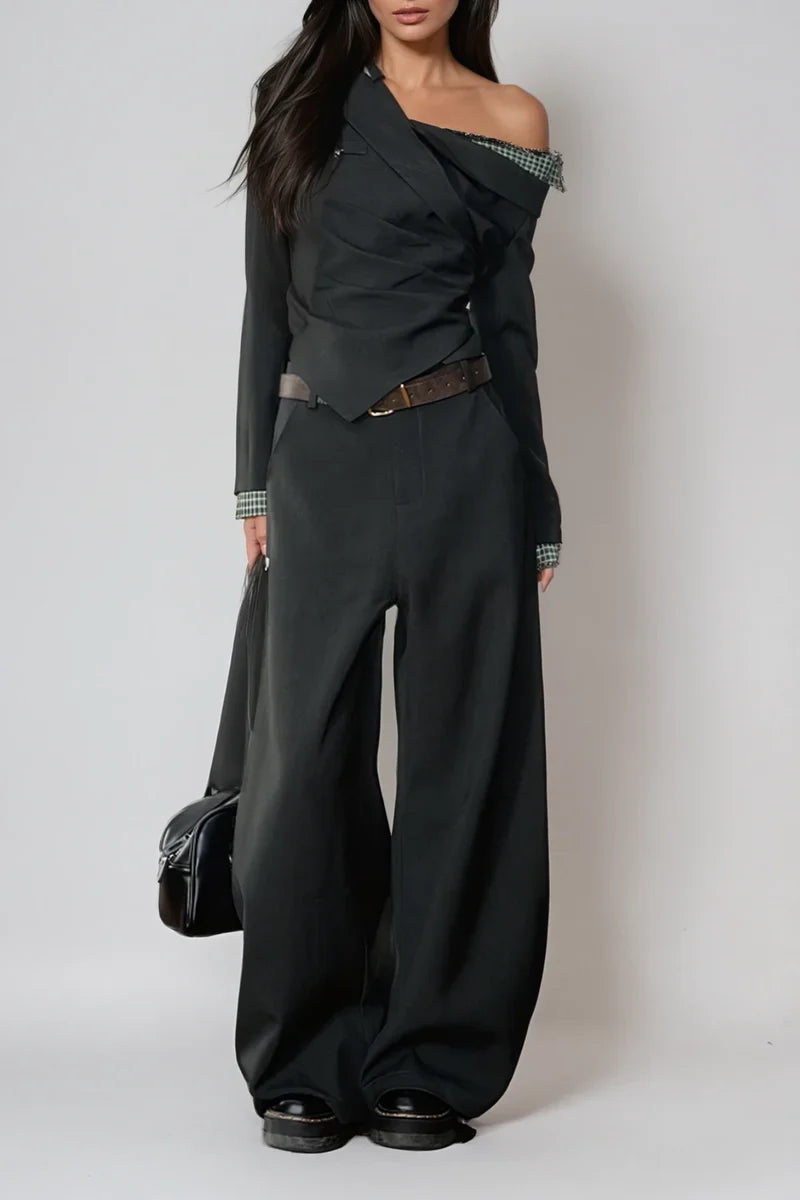 off-shoulder draped suit jacket with wide-leg trousers – NOIRÉ