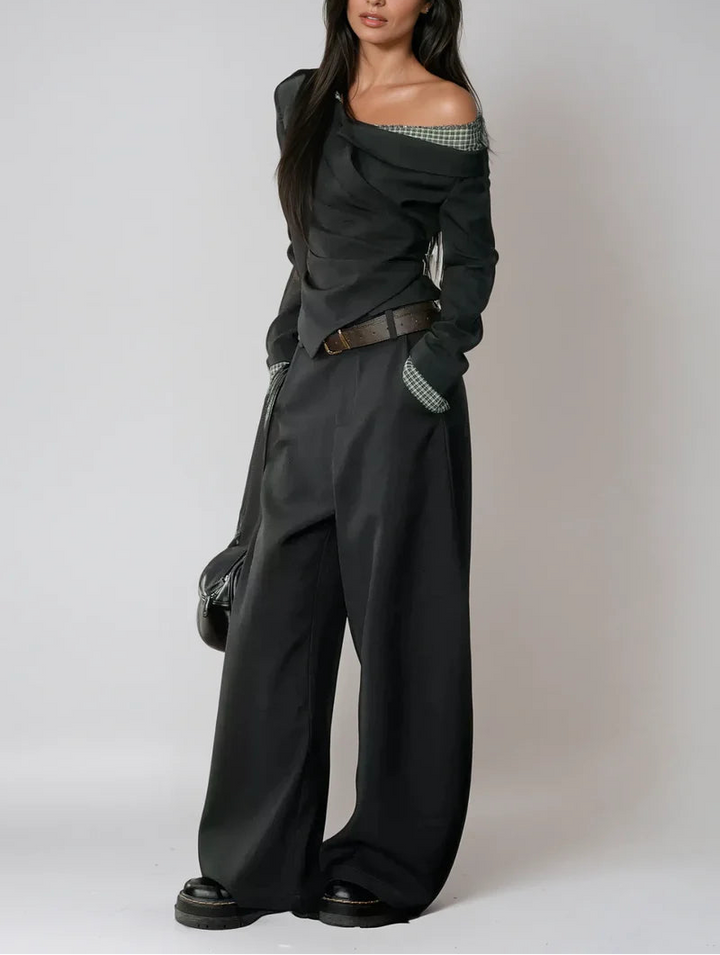 off-shoulder draped suit jacket with wide-leg trousers – NOIRÉ