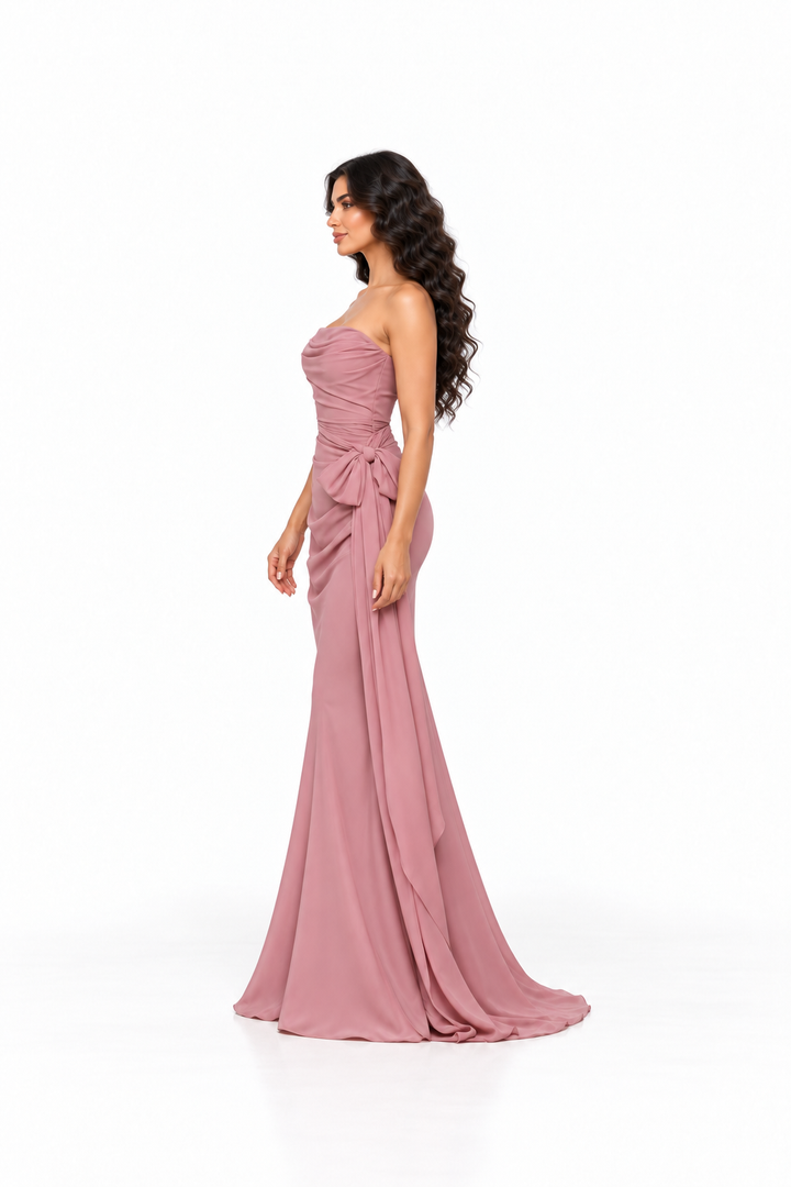 Strapless Draped Bow Evening - Blushara
