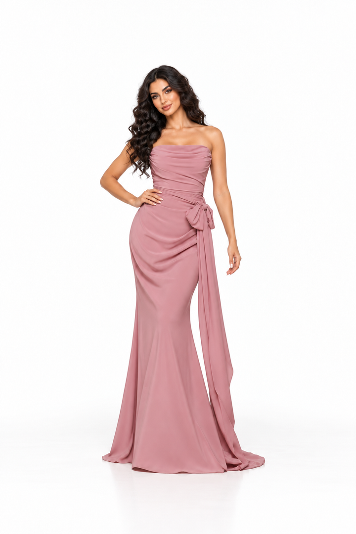 Strapless Draped Bow Evening - Blushara