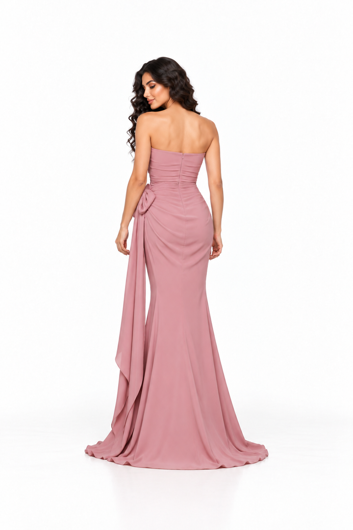 Strapless Draped Bow Evening - Blushara