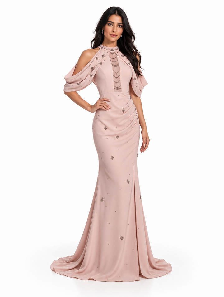 Blush Pink Embellished Cold-Shoulder Mermaid Maxi Dress - Seraphina