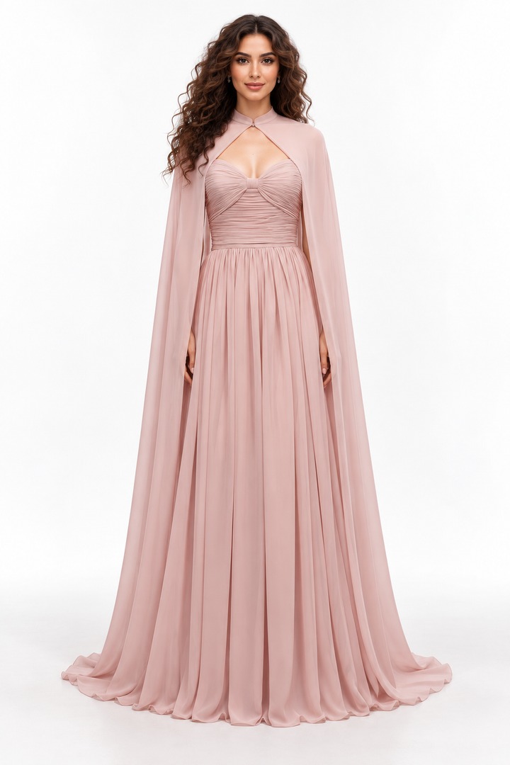 Ruched Bodice Cape Evening Gown - Celestia