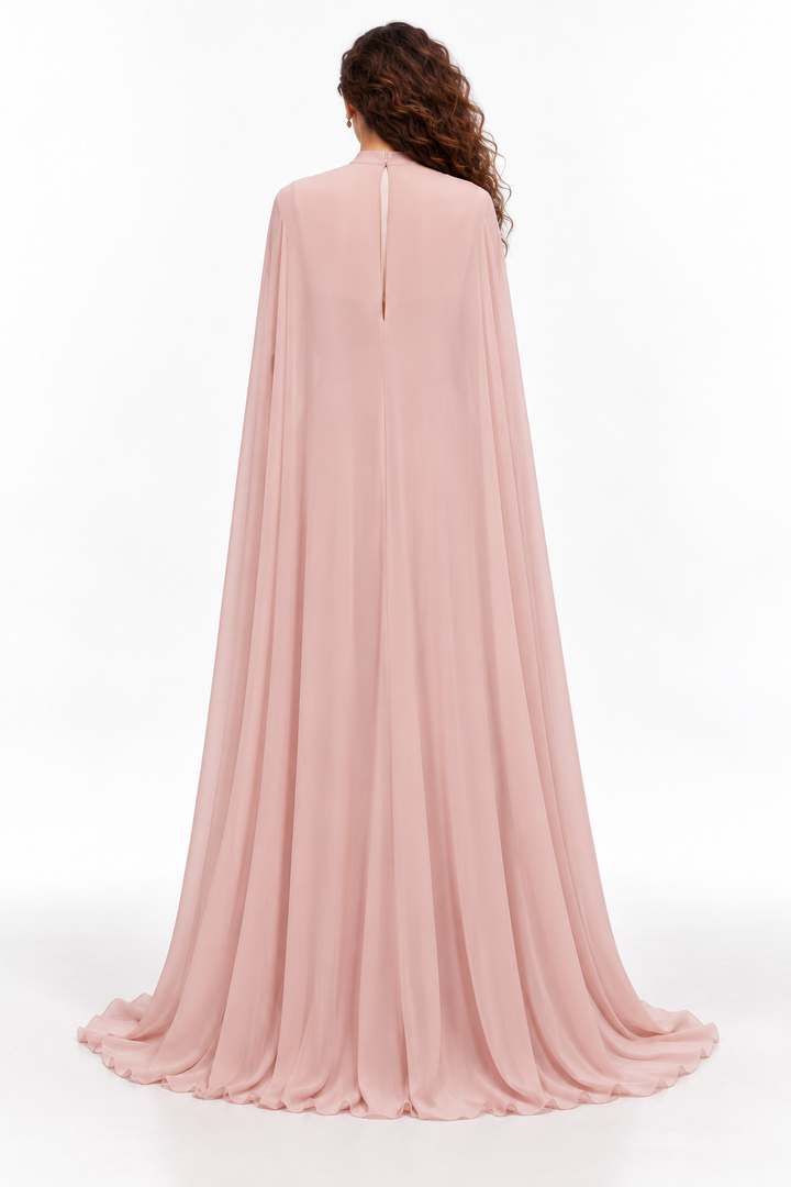 Ruched Bodice Cape Evening Gown - Celestia