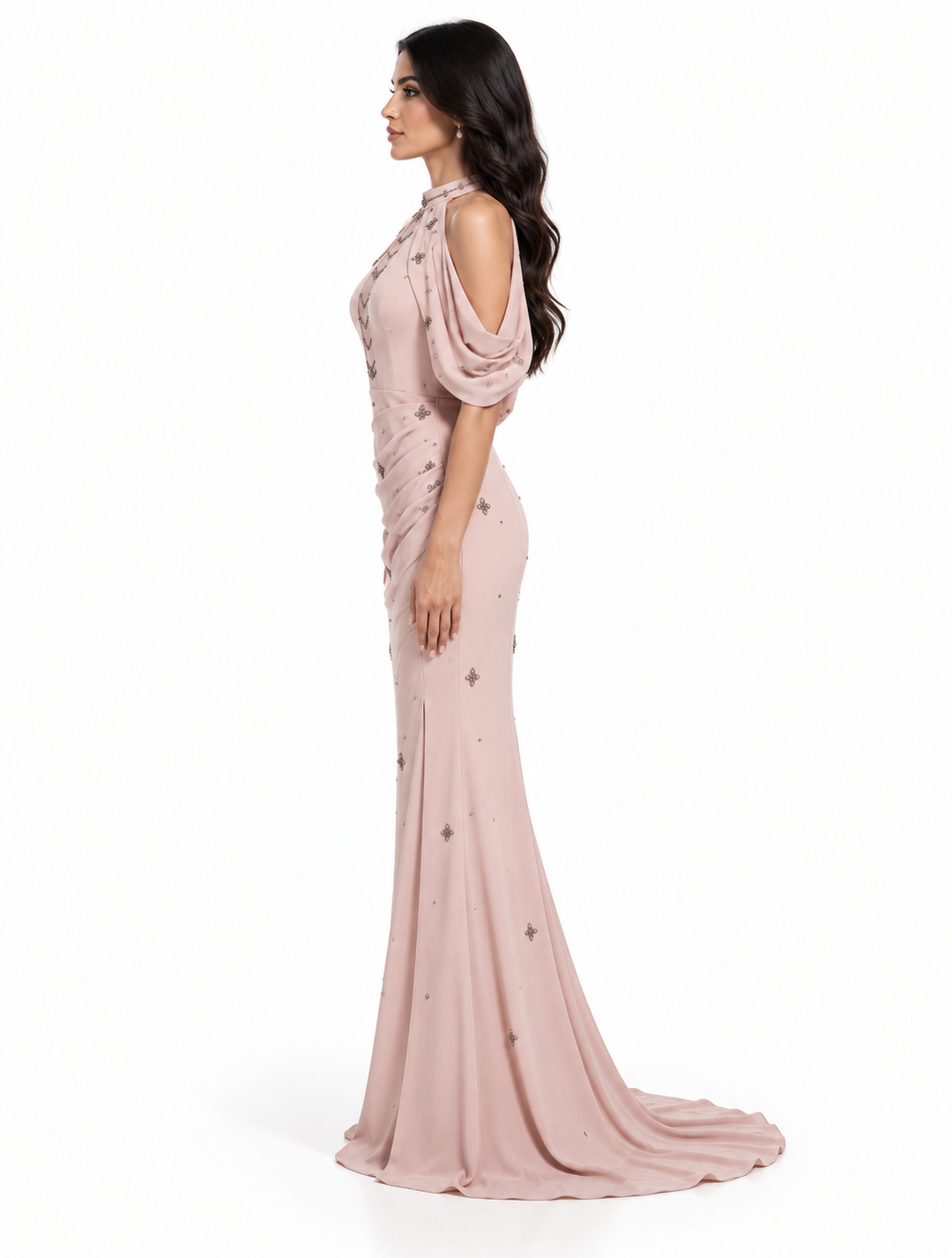 Blush Pink Embellished Cold-Shoulder Mermaid Maxi Dress - Seraphina