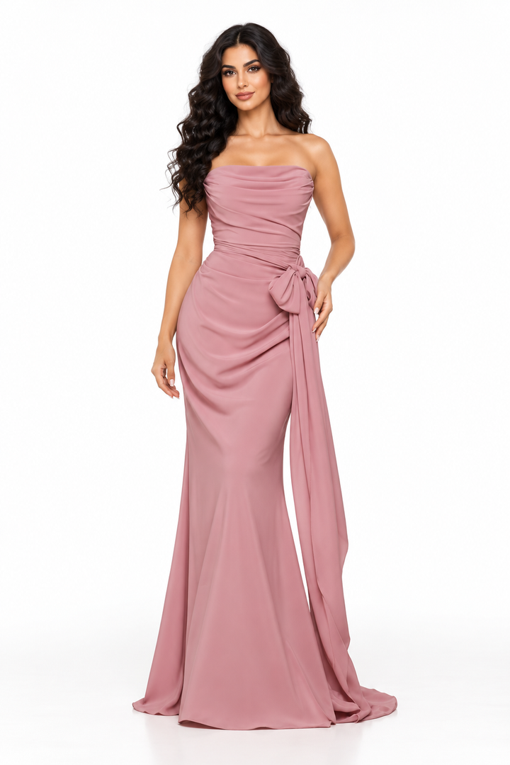 Strapless Draped Bow Evening - Blushara