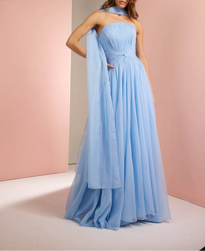 strapless pleated chiffon gown with scarf detail – SKYE