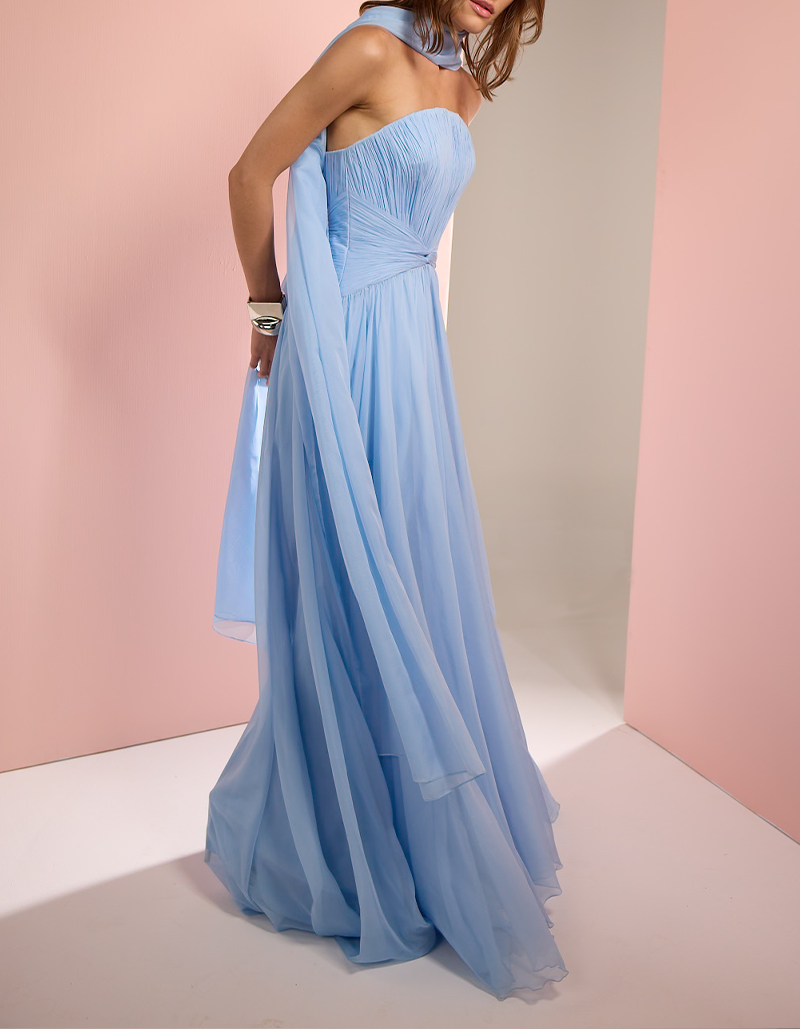 strapless pleated chiffon gown with scarf detail – SKYE