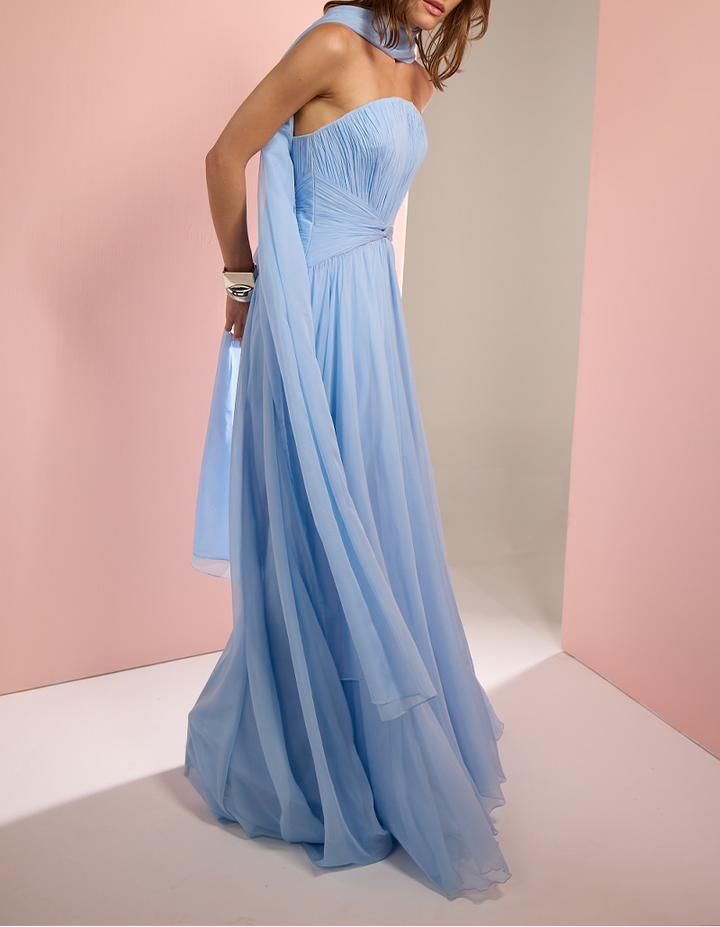 strapless pleated chiffon gown with scarf detail – SKYE