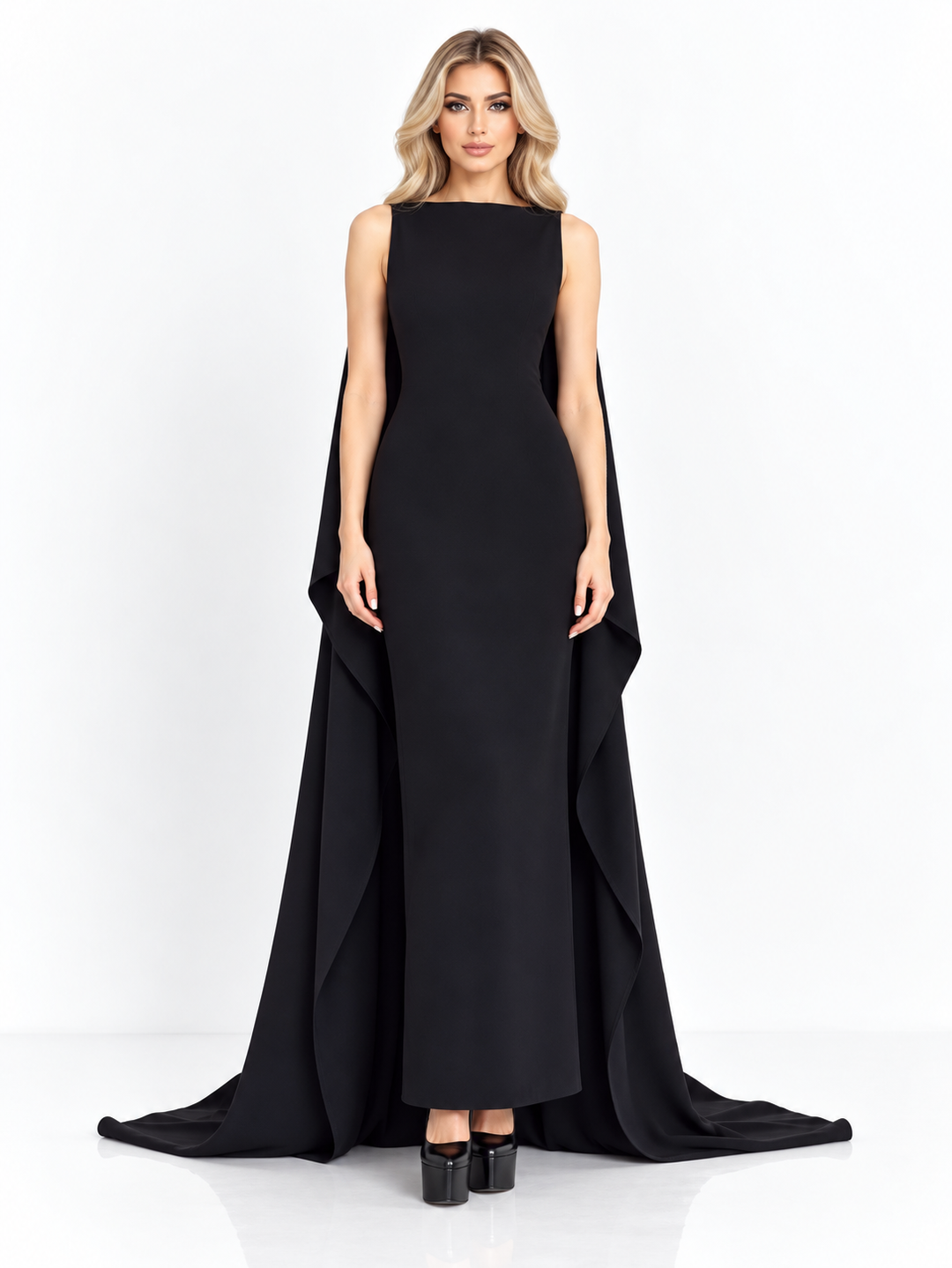 Black Sleeveless Cape Midi Dress - Elara