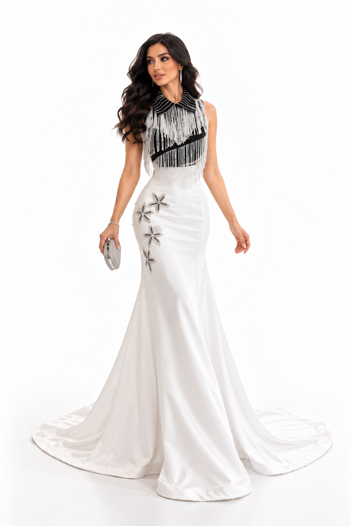 Fringe Collar Embellished Mermaid Evening Gown - Monarque