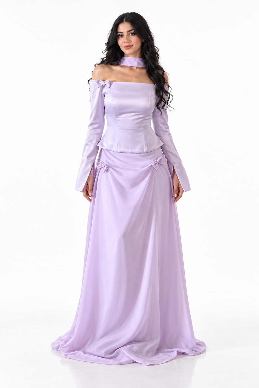 Off-Shoulder Bow Satin Set - Lilacelle