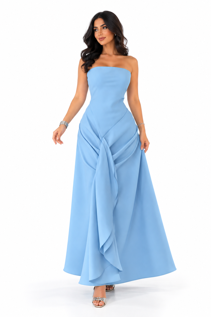 Sky Blue Strapless Draped Midi Dress - Bella