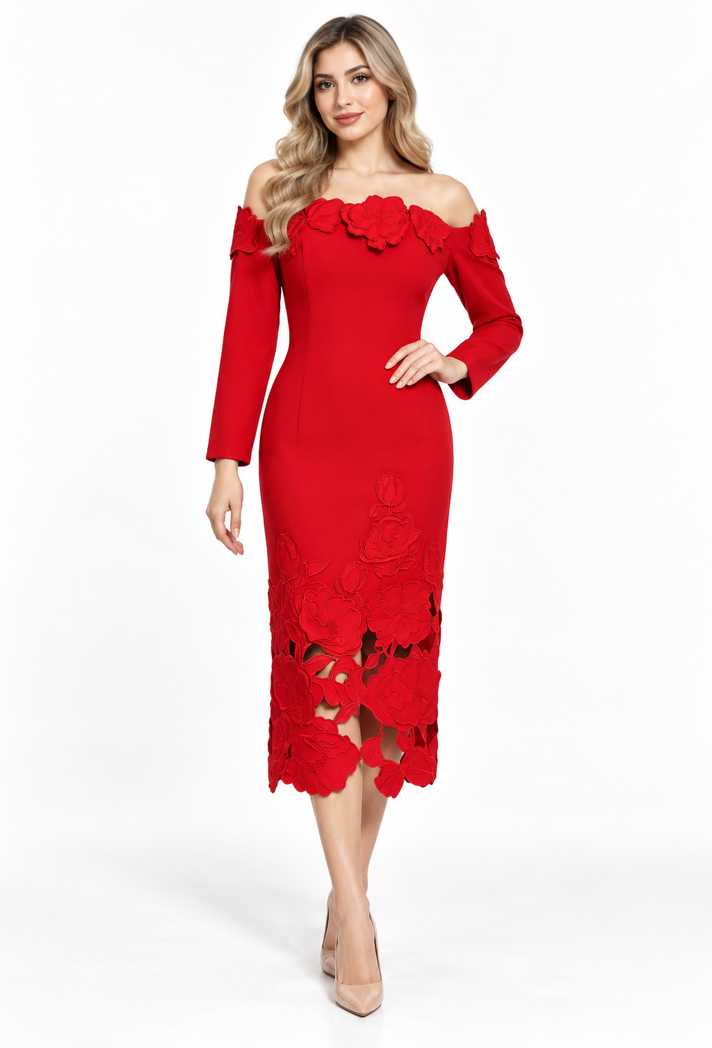 Floral Cutout Off-Shoulder Midi Dress - Aquaflora