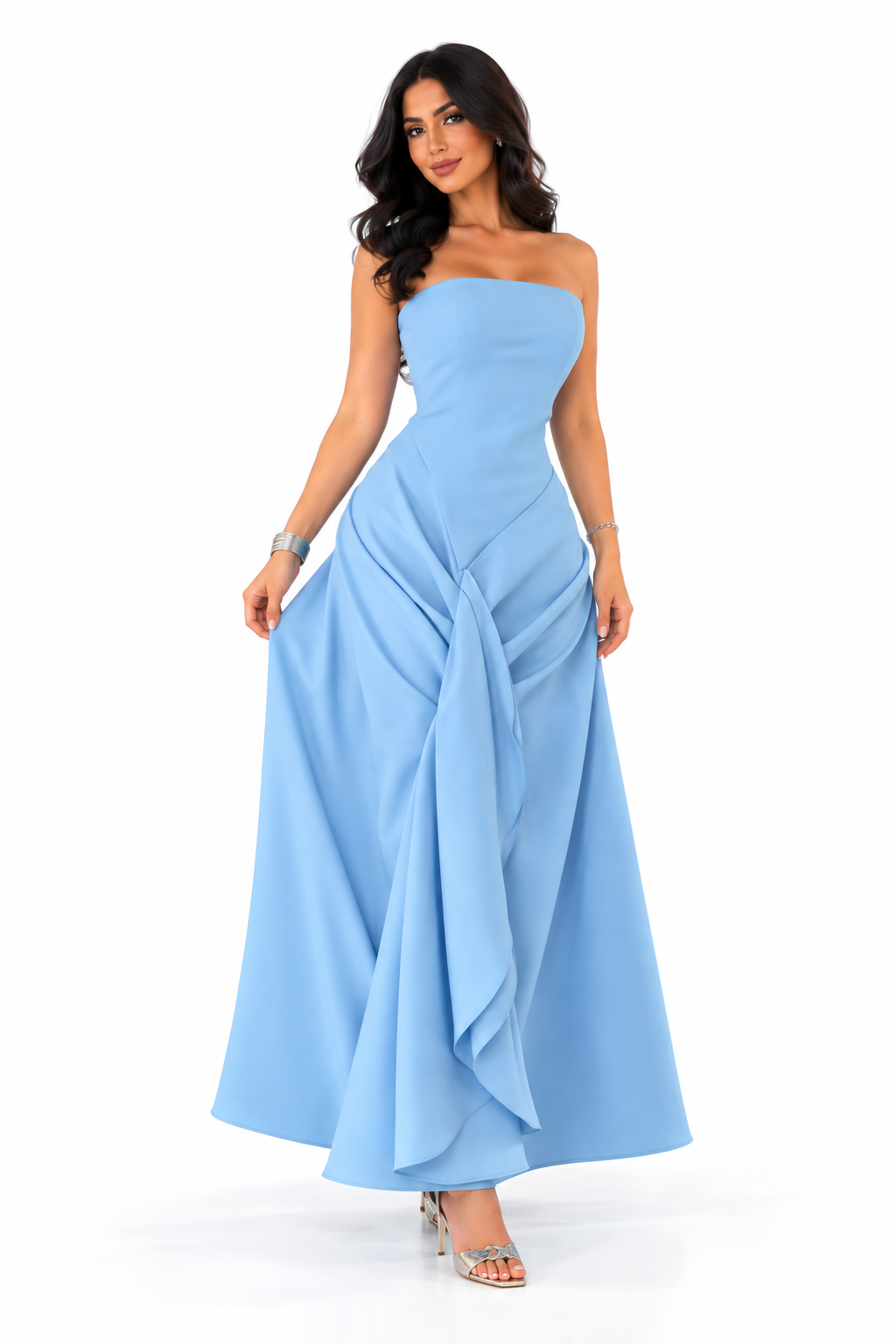 Sky Blue Strapless Draped Midi Dress - Bella