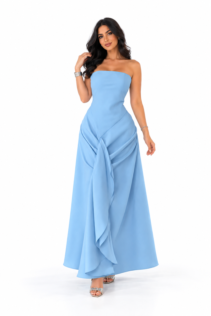 Sky Blue Strapless Draped Midi Dress - Bella